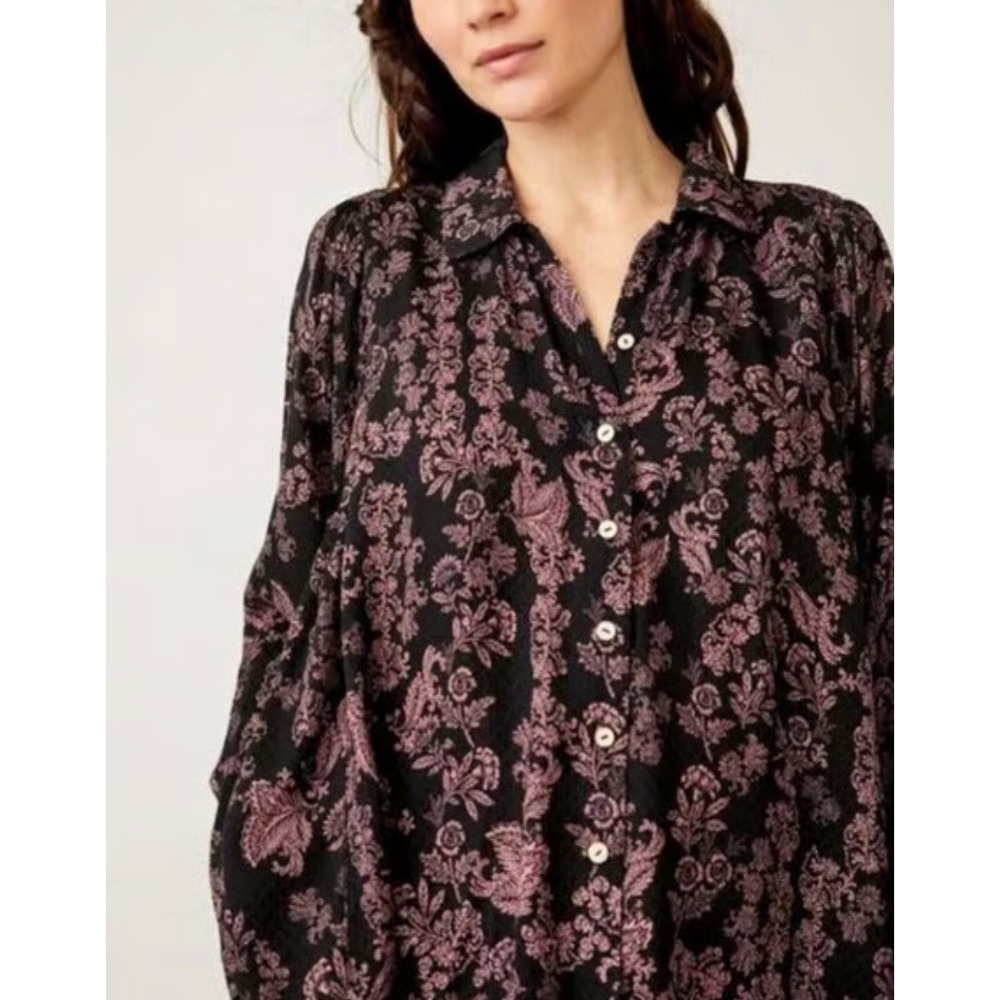 Free People Womens Blouse Top Floral Button Up Long Sleeve‎ Black Pink Medium
